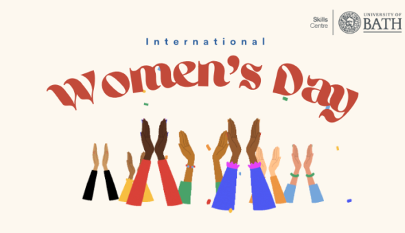 International Women's Day graphic showing hands uplifted.
