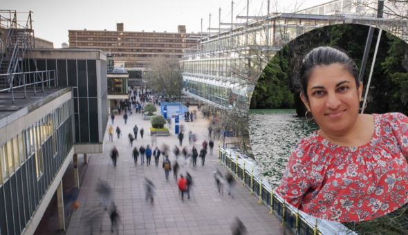 A smiling woman with dark hair is set against a background of the University of Bath campus.