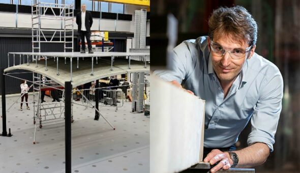 Prof Paul Shepherd standing on top of a construction project, and Prof Antony Darby, Department of Architecture & Civil Engineering is investigating bridge assessment and strengthening with a focus on the implementation of carbon fibre as a strengthening material.