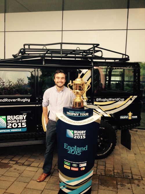 New Research Marketing Manager, Andy Dunne, with the Webb Ellis RWC trophy on campus last year. Aligning our research with high profile on campus events, such as this, has helped to elevate the profile of our expertise and research strengths.