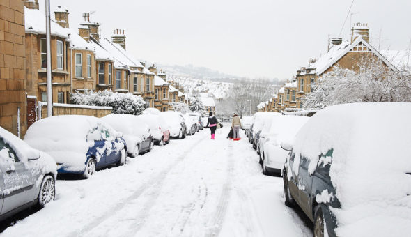 Snow covered Road in Oldfield Park, Bath
